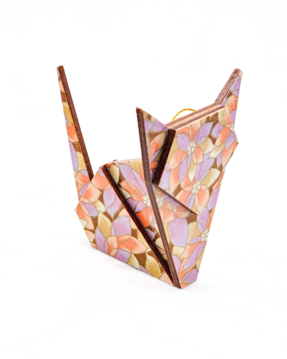 Large wooden origami cat ornament featuring orange, brown, and light purple lotuses on a brown background with metallic gold details.