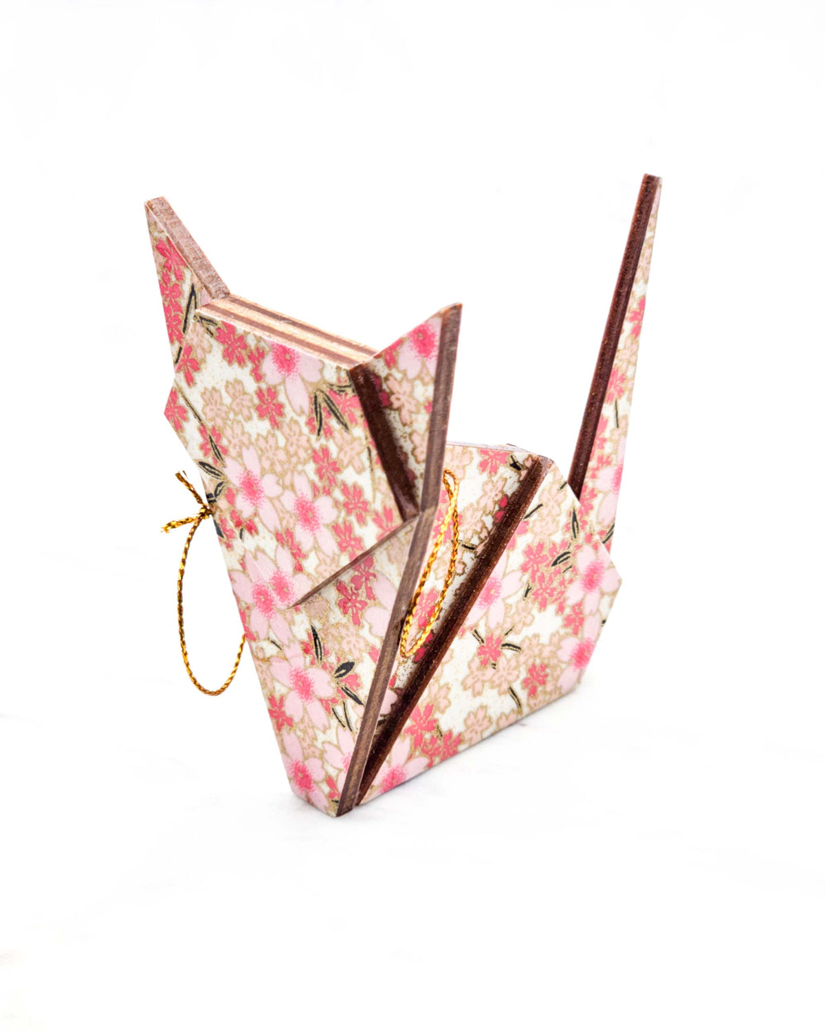 Large wooden origami cat ornament featuring pink and white cherry blossoms on a white background with metallic gold details.