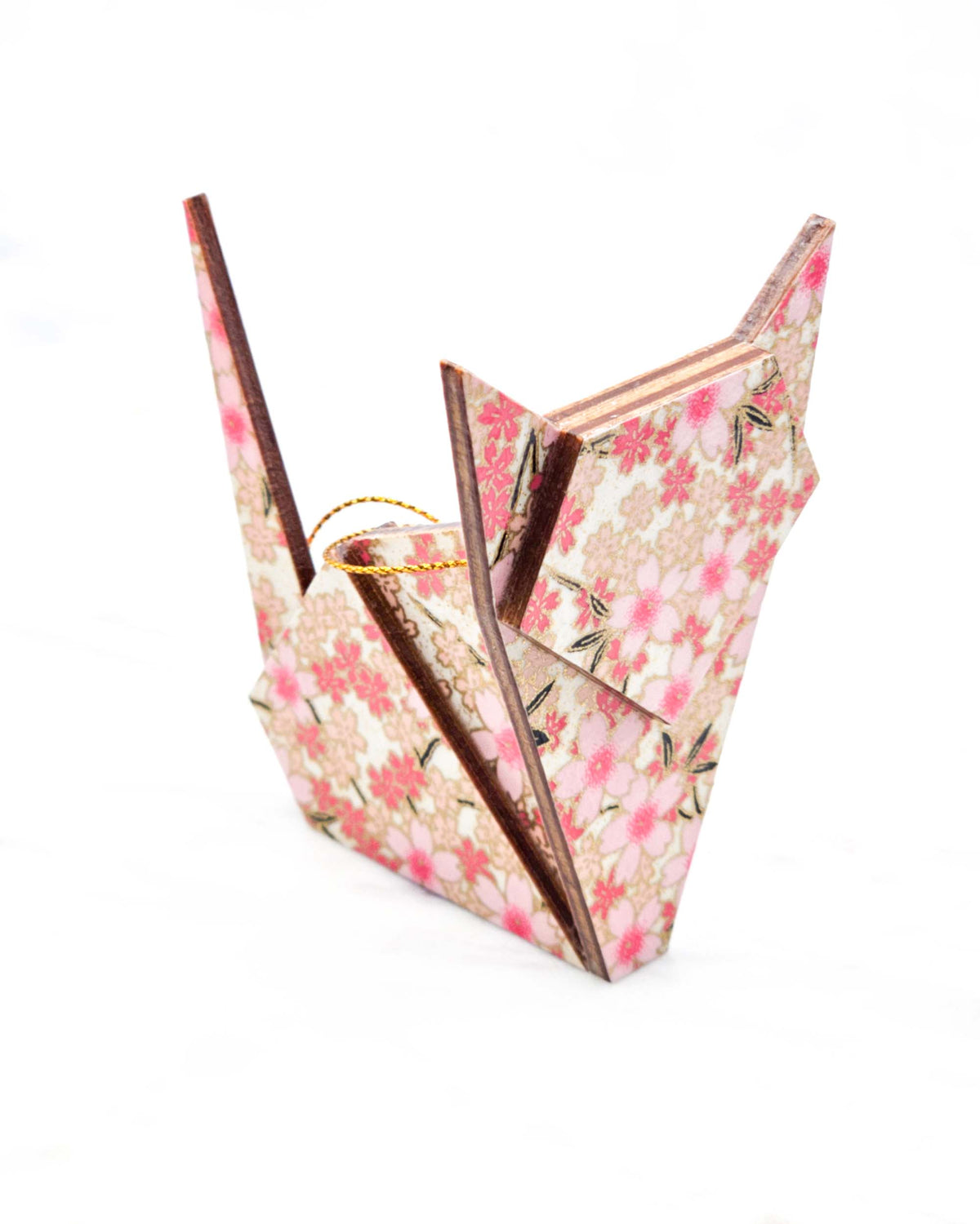 Large wooden origami cat ornament featuring pink and white cherry blossoms on a white background with metallic gold details.