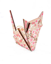 Large wooden origami cat ornament featuring pink and white cherry blossoms on a white background with metallic gold details.