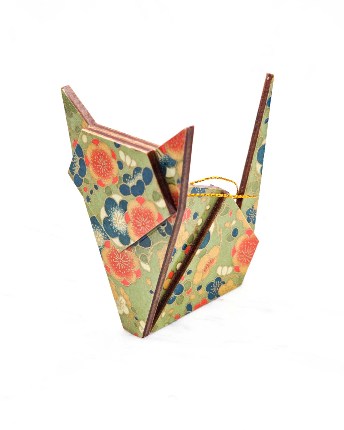 Large wooden origami cat ornament featuring orange, blue, and yellow plum blossoms on a green background with metallic gold details.