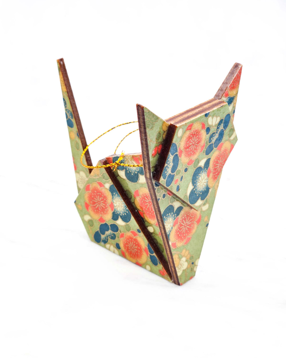 Large wooden origami cat ornament featuring orange, blue, and yellow plum blossoms on a green background with metallic gold details.