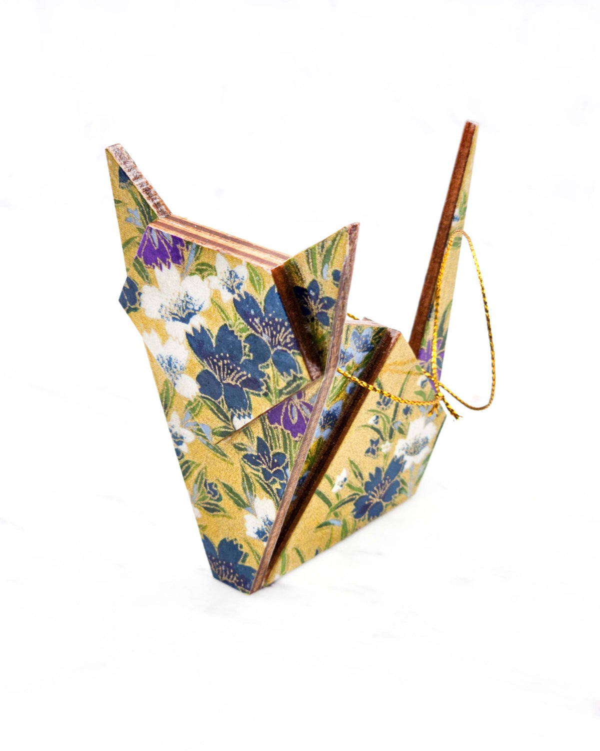 Large wooden origami cat ornament featuring blue, purple, and white irises with green leaves on a metallic gold background.