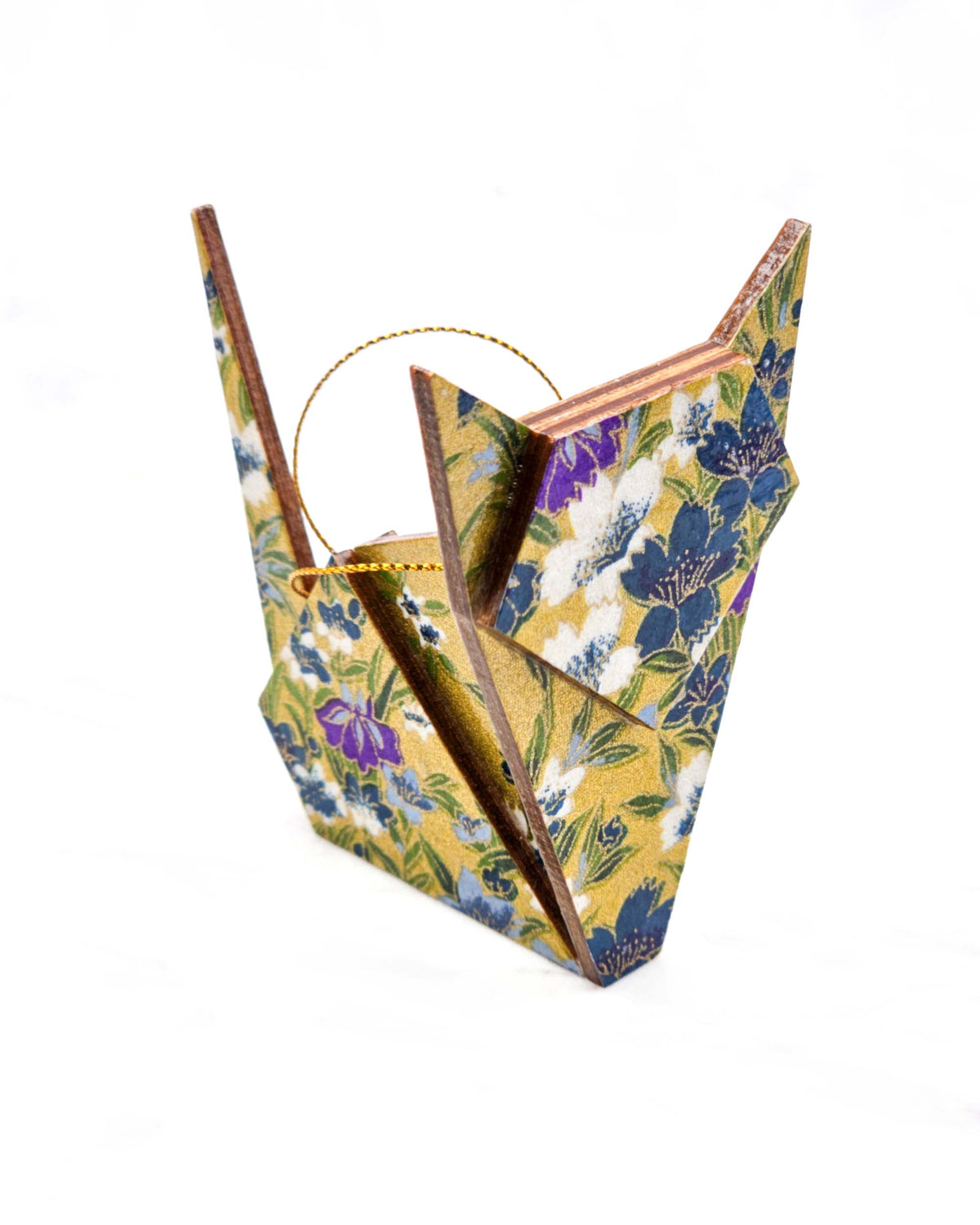 Large wooden origami cat ornament featuring blue, purple, and white irises with green leaves on a metallic gold background.