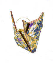 Large wooden origami cat ornament featuring blue, purple, and white irises with green leaves on a metallic gold background.