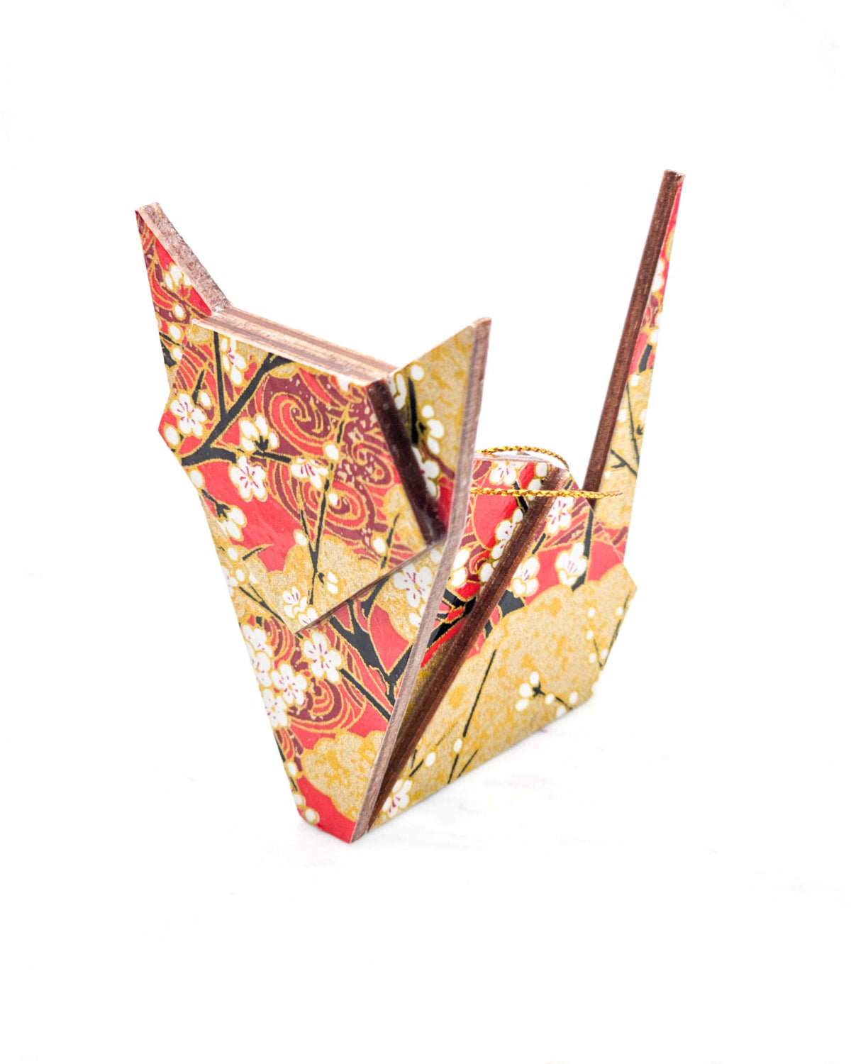 Large wooden origami cat ornament featuring white plum blossoms and black branches on a red background with metallic gold details.