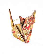 Large wooden origami cat ornament featuring white plum blossoms and black branches on a red background with metallic gold details.
