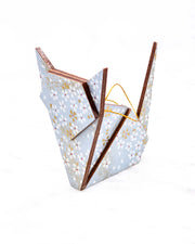 Large wooden origami cat ornament featuring small white and gold cherry blossoms on a light blue background with metallic gold accents.