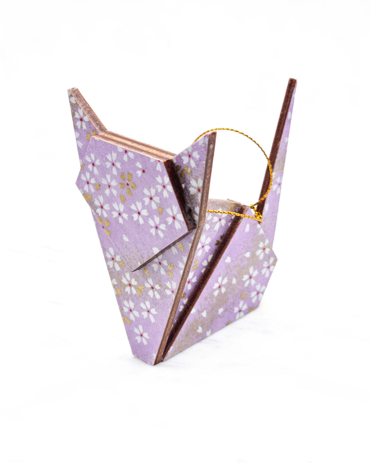 Large wooden origami cat ornament featuring small white and gold cherry blossoms on a purple background with metallic gold details.