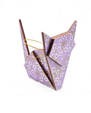 Large wooden origami cat ornament featuring small white and gold cherry blossoms on a purple background with metallic gold details.