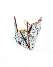 Small wooden origami cat ornament featuring cute maneki neko (lucky cats) on a blue background with metallic gold details.