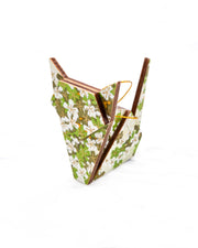 Small wooden origami cat ornament featuring green and white cherry blossoms with metallic gold details.
