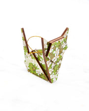Small wooden origami cat ornament featuring green and white cherry blossoms with metallic gold details.
