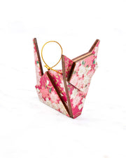 Small wooden origami cat ornament featuring pink and white cherry blossoms on a pink background with metallic gold details.