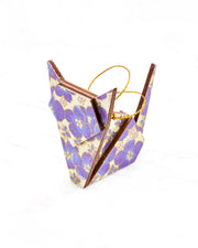 Small wooden origami cat ornament featuring purple cherry blossoms on a cream background with metallic gold details.