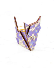 Small wooden origami cat ornament featuring purple cherry blossoms on a cream background with metallic gold details.