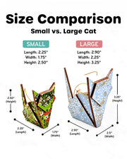 A size comparison display of the small and large wooden origami cat ornaments.
