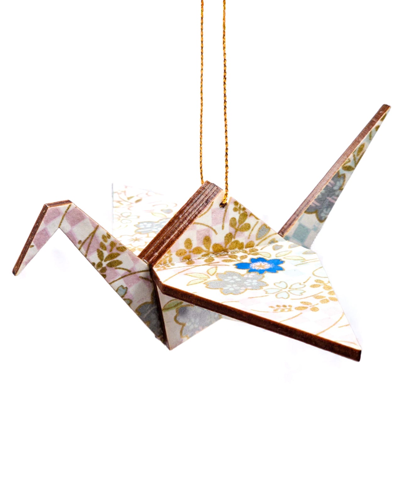 Wooden origami crane ornament featuring blue and silver cherry blossoms and blue and purple ichimatsu pattern on a white background with metallic gold accents.