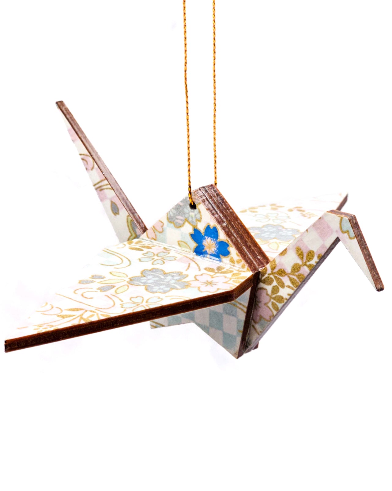 Wooden origami crane ornament featuring blue and silver cherry blossoms and blue and purple ichimatsu pattern on a white background with metallic gold accents.