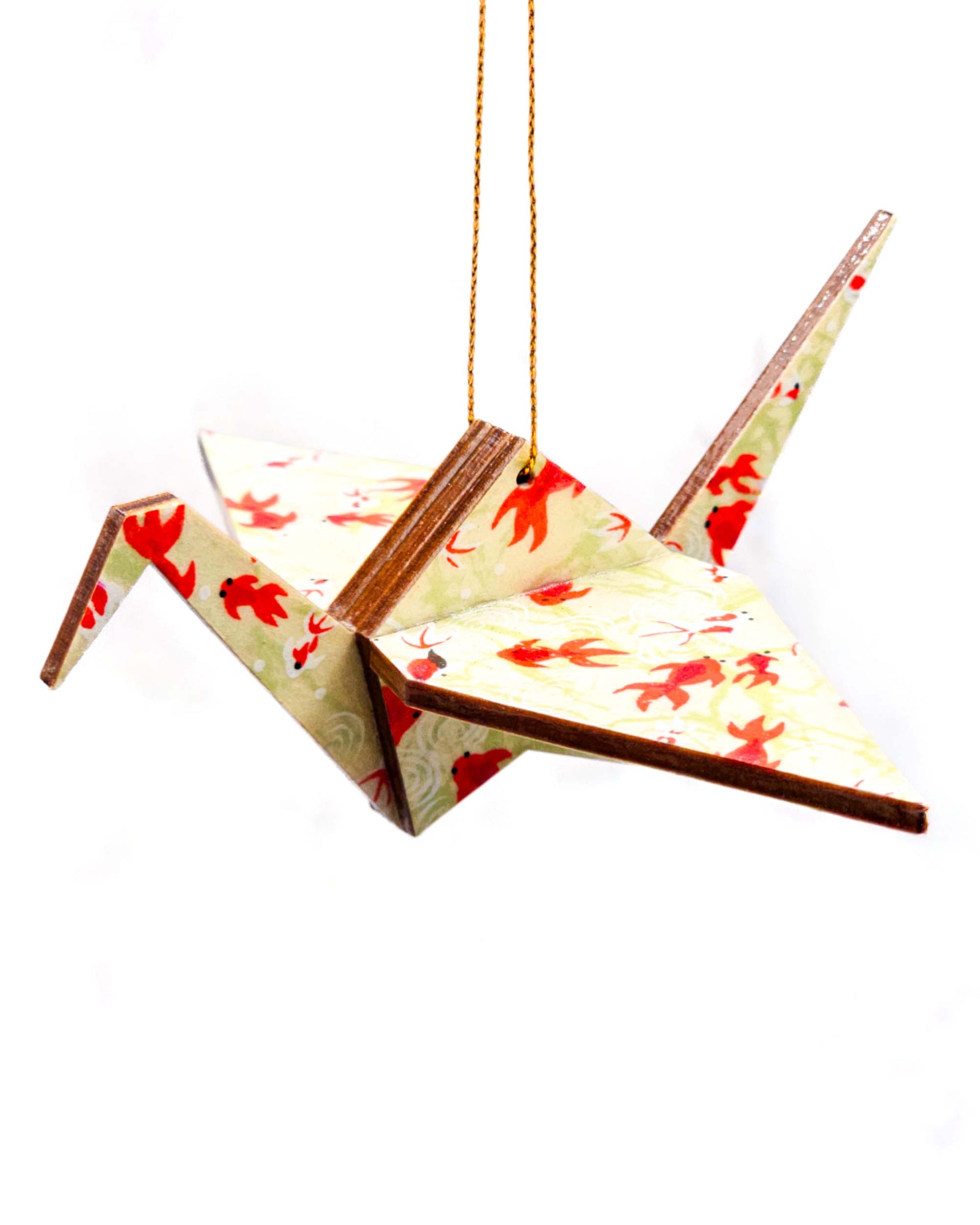 Wooden origami crane ornament featuring red and white koi fishes on a green background.