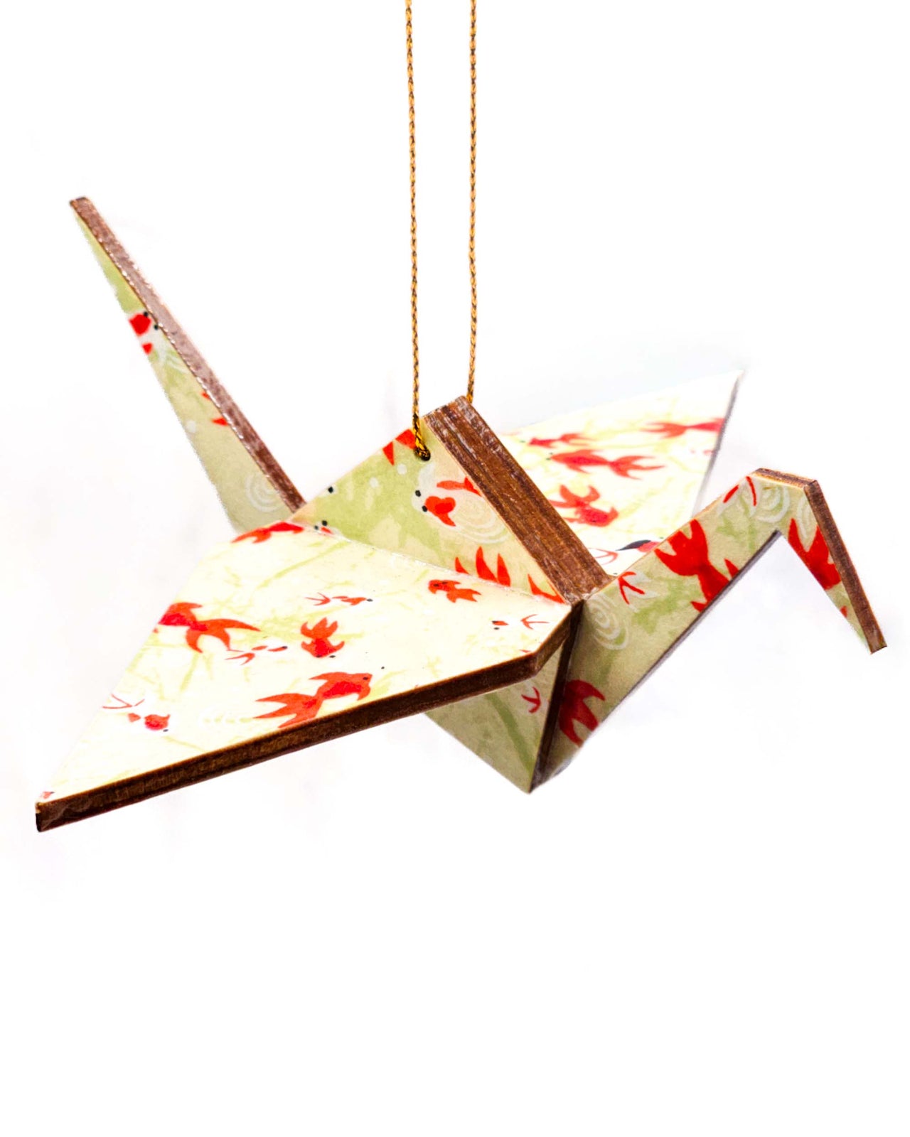 Wooden origami crane ornament featuring red and white koi fishes on a green background.