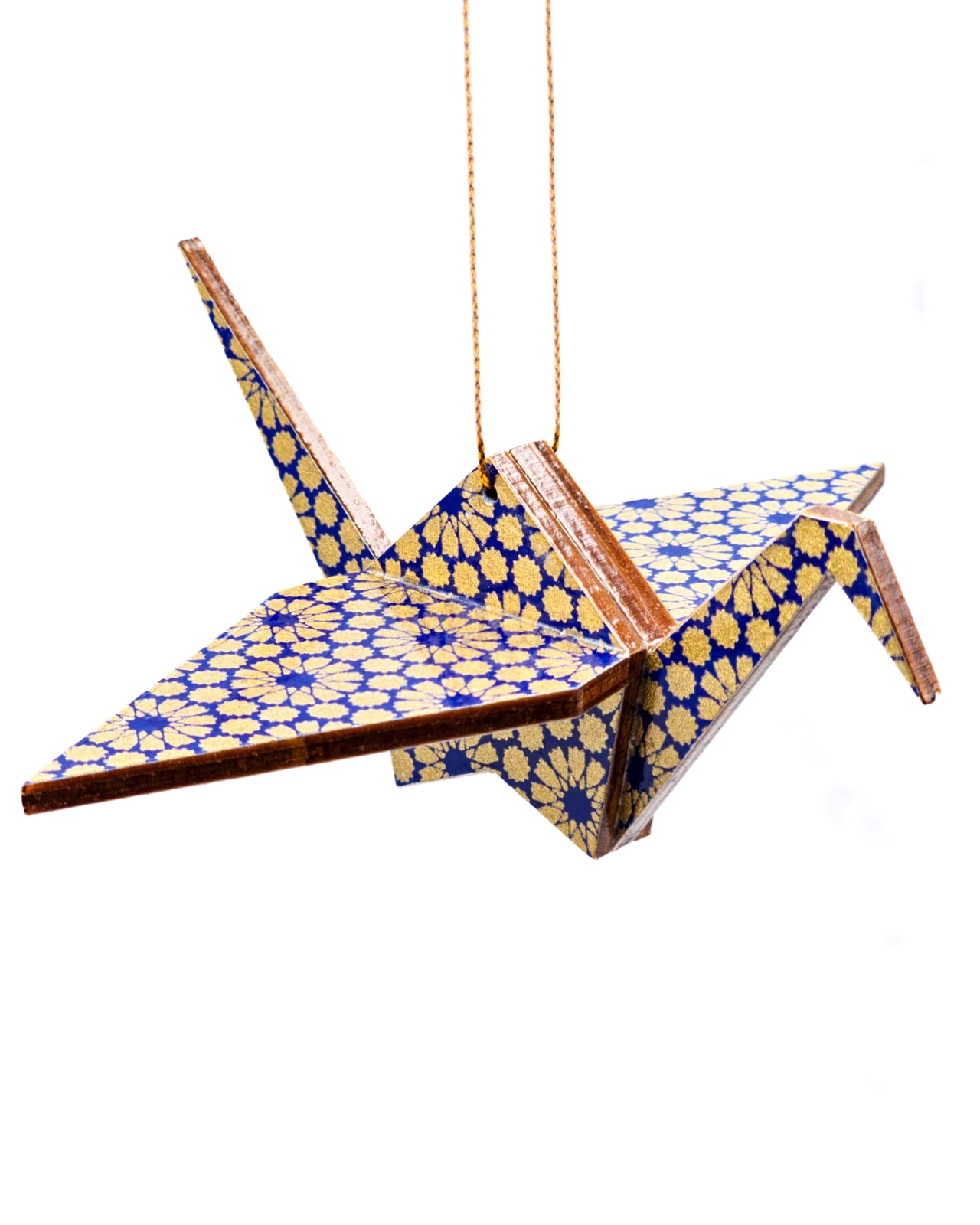 Wooden origami crane ornament featuring metallic gold geometric circles on a dark blue background.