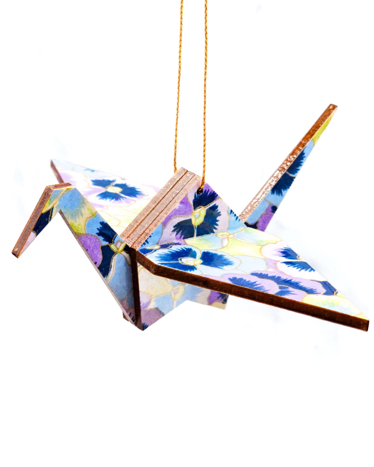 Wooden origami crane ornament featuring purple, blue, and green pansies with metallic gold accents.