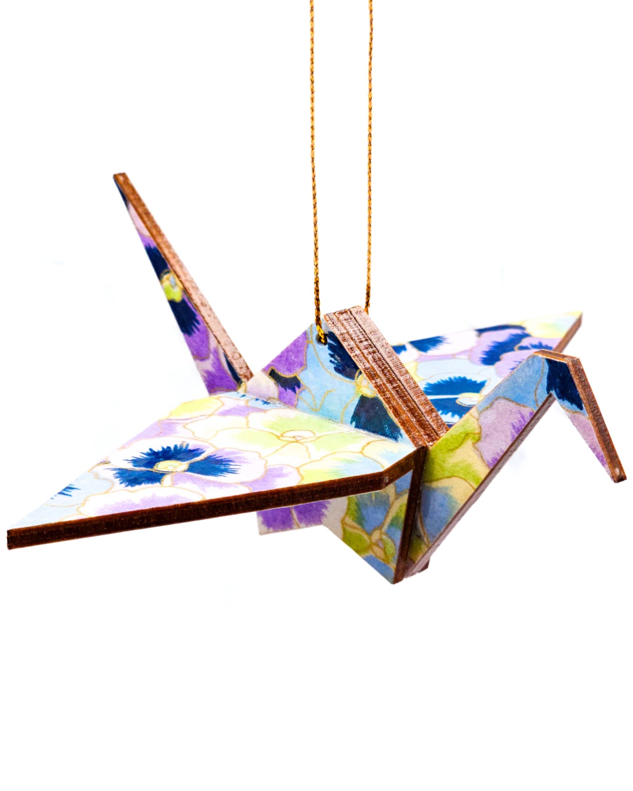 Wooden origami crane ornament featuring purple, blue, and green pansies with metallic gold accents.