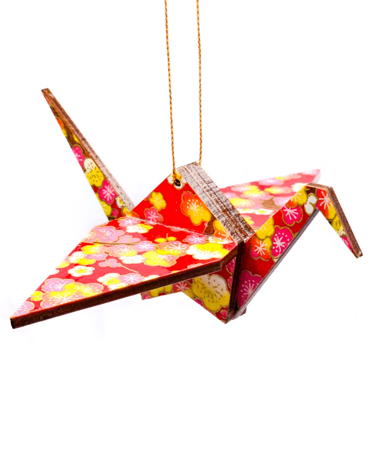 Wooden origami crane ornament featuring pink and yellow plum blossoms on a red background with metallic gold accents.