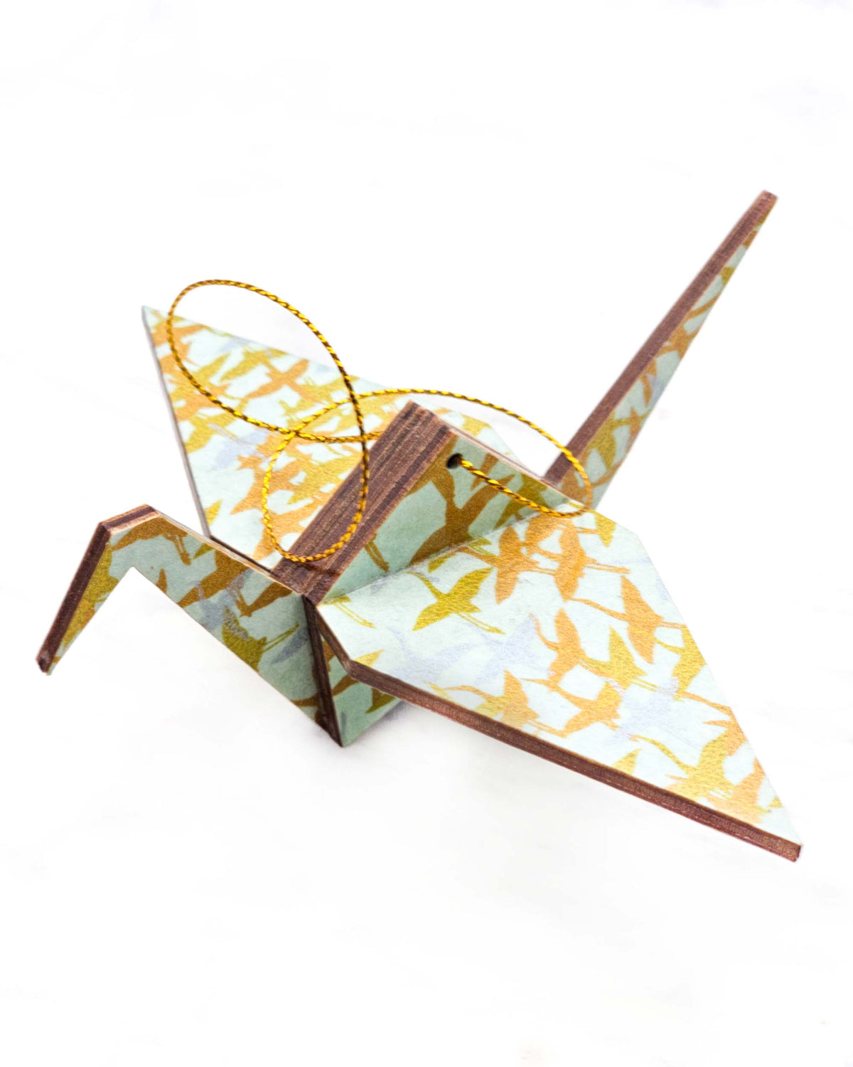 Large wooden origami crane ornament featuring small flying gold and silver cranes on a turquoise background with metallic gold details.