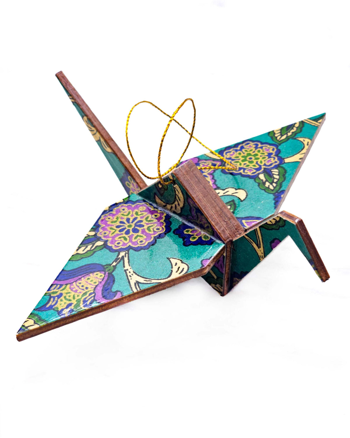 Large wooden origami crane ornament featuring purple and blue sarasa flowers on a pearlescent green background with metallic gold details.