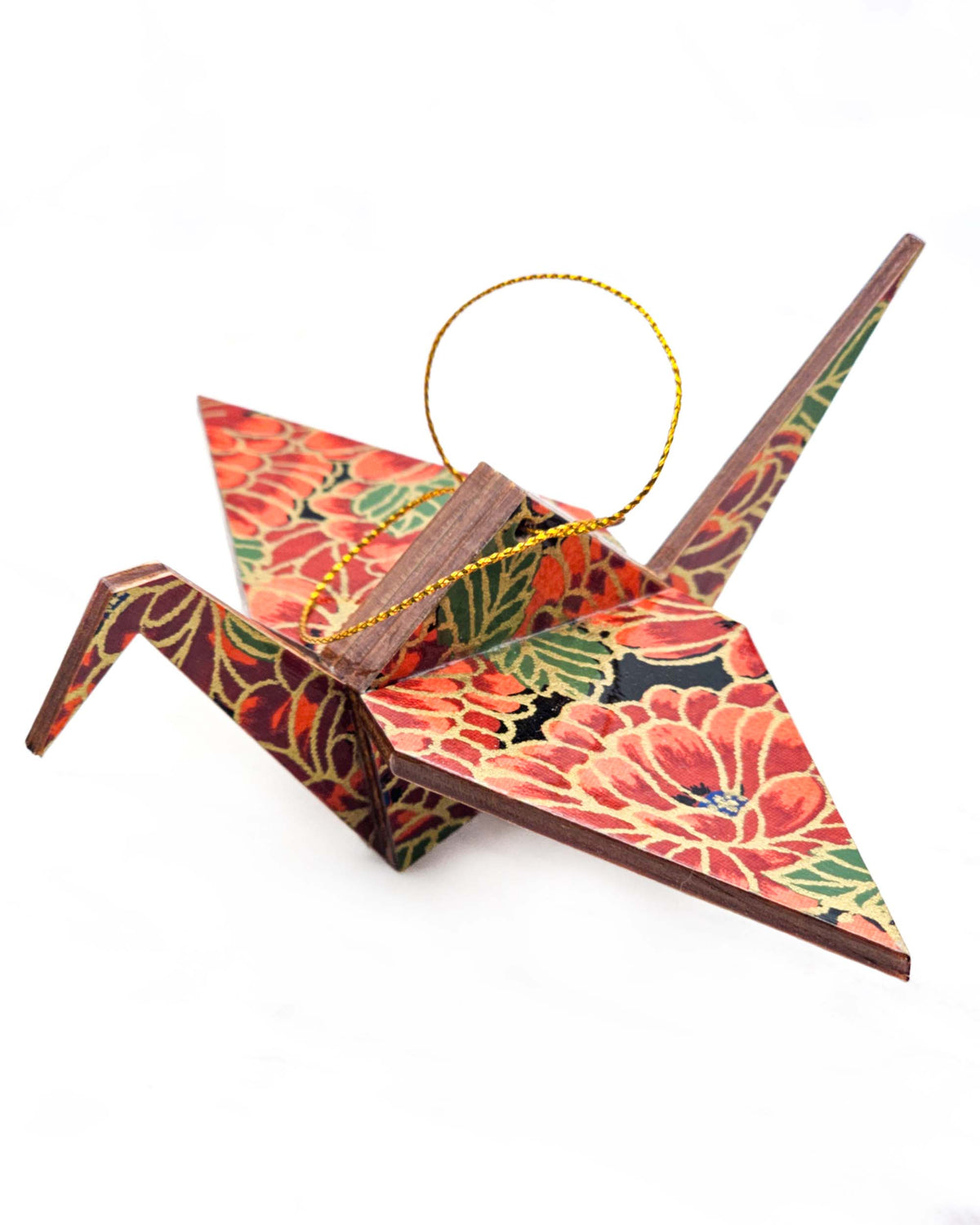 Large wooden origami crane ornament featuring large red chrysanthemums with green leaves on a black background with metallic gold details.