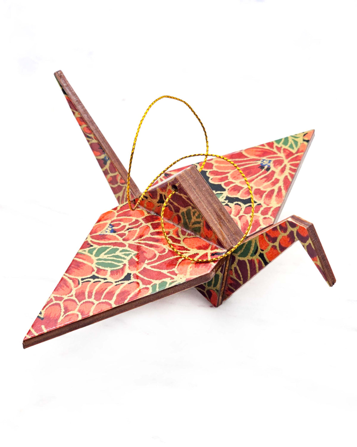 Large wooden origami crane ornament featuring large red chrysanthemums with green leaves on a black background with metallic gold details.