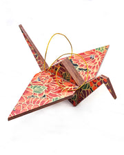 Large wooden origami crane ornament featuring large red chrysanthemums with green leaves on a black background with metallic gold details.