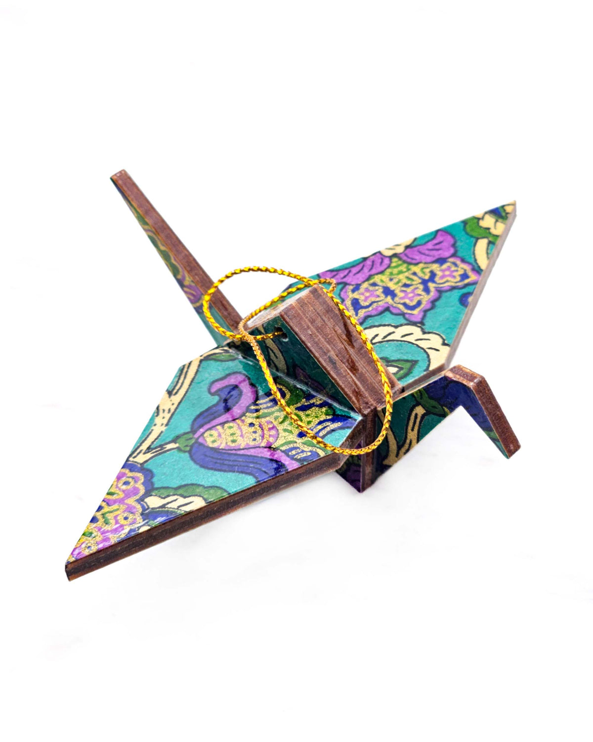 Small wooden origami crane ornament featuring purple and blue sarasa flowers on a pearlescent green background with metallic gold details.