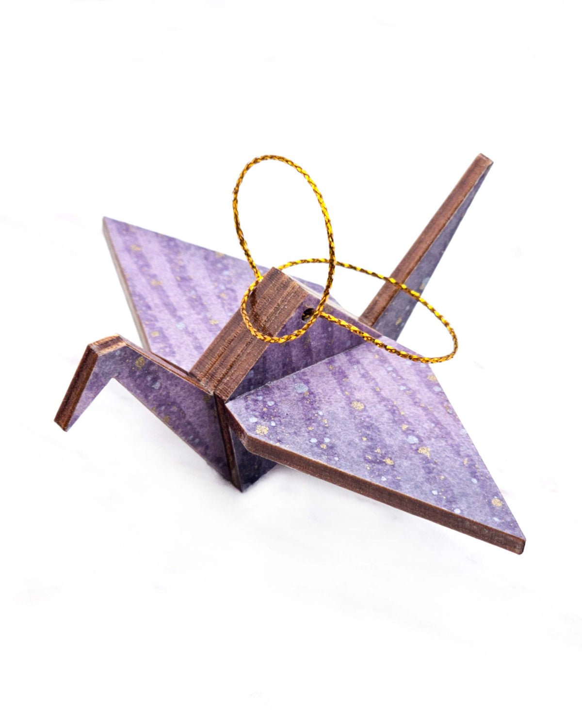 Small wooden origami crane ornament featuring gradient purple swirls with metallic gold and silver details.