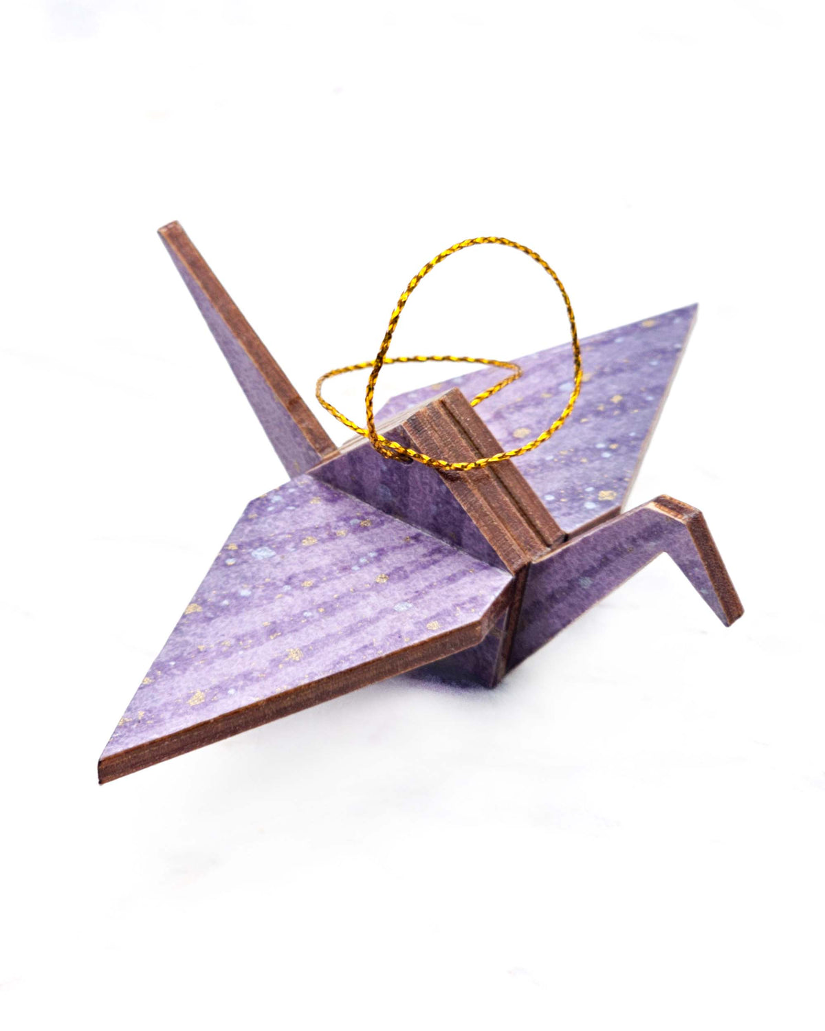 Small wooden origami crane ornament featuring gradient purple swirls with metallic gold and silver details.