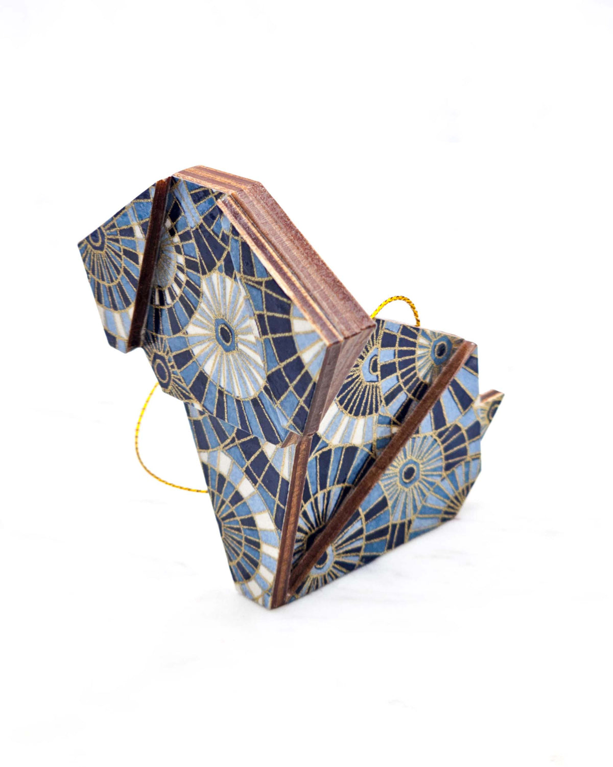 Large wooden origami dog ornament featuring blue and white overlapping parasols with metallic gold details.