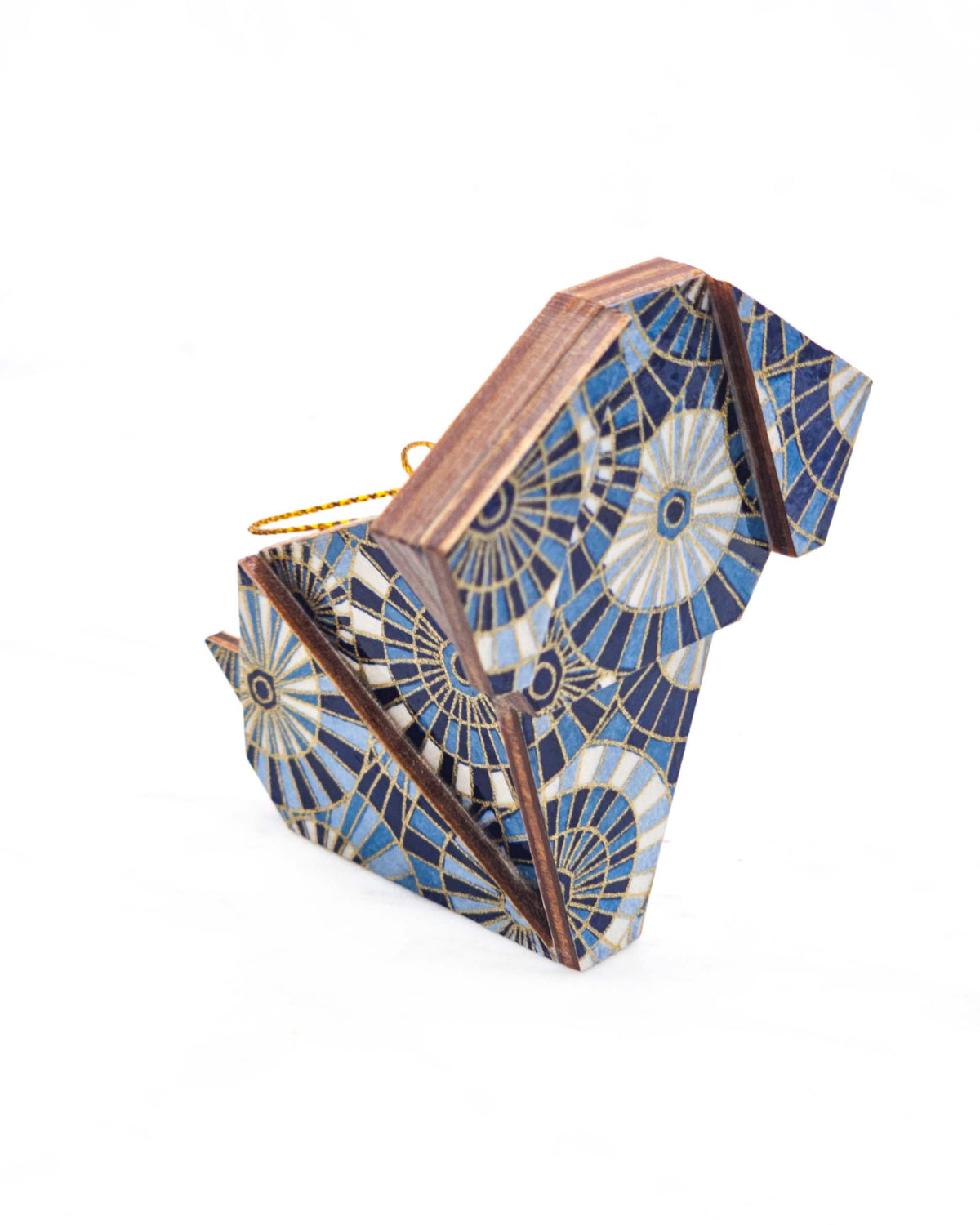 Large wooden origami dog ornament featuring blue and white overlapping parasols with metallic gold details.