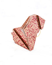 Large wooden origami dog ornament featuring a metallic gold floral motif on a red background.