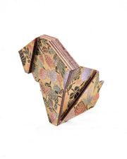Large wooden origami dog ornament featuring leaves in dark brown, pink, purple, and green on a light golden brown background with metallic gold details.