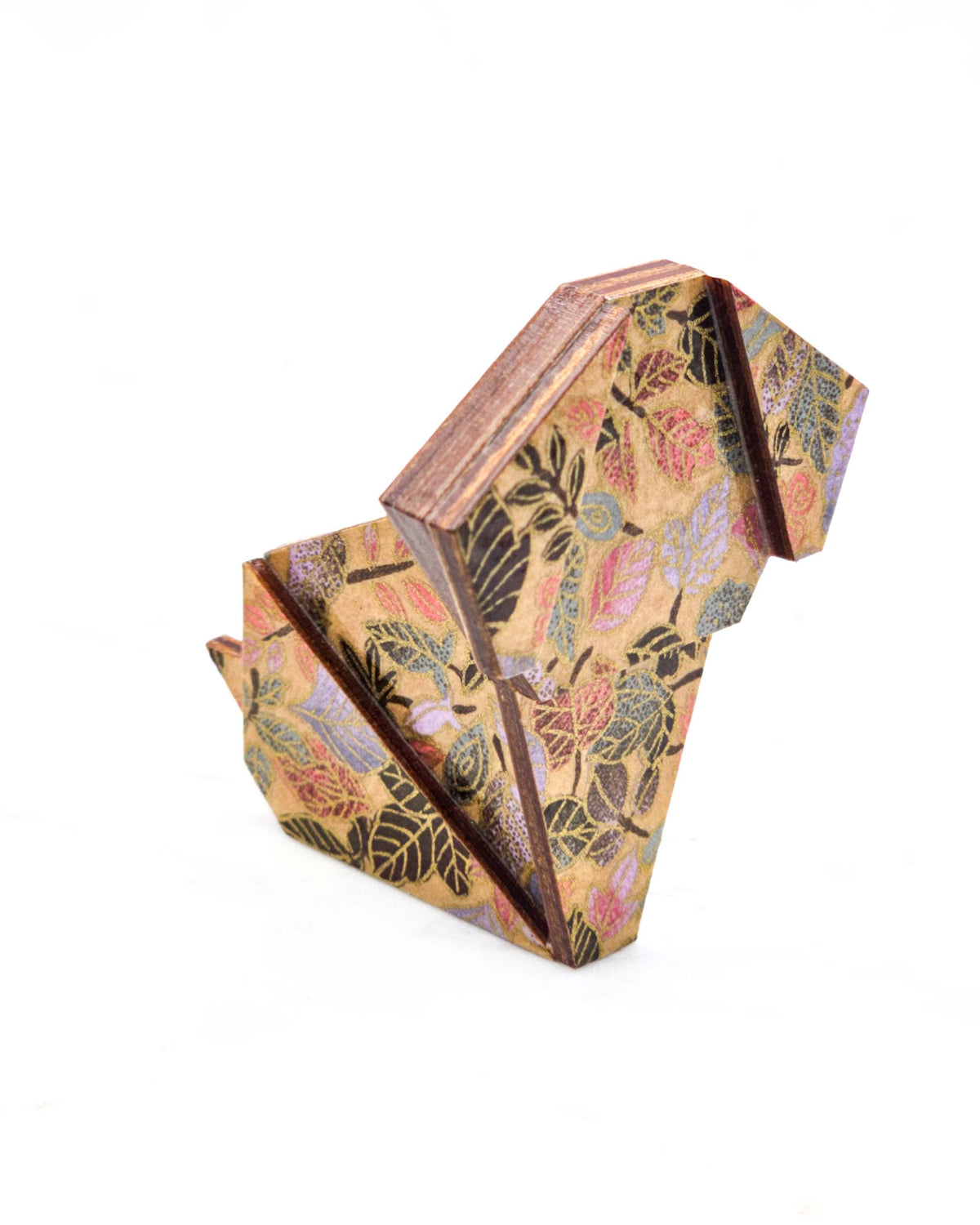 Large wooden origami dog ornament featuring leaves in dark brown, pink, purple, and green on a light golden brown background with metallic gold details.