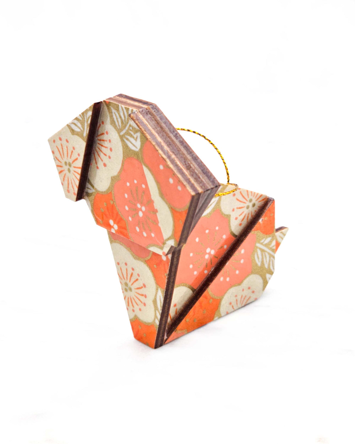 Large wooden origami dog ornament featuring large orange and cream plum blossoms on a metallic gold background.