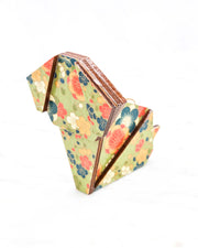 Large wooden origami dog ornament featuring orange, blue, and white plum blossoms on a green background with metallic gold details.