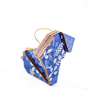 Small wooden origami dog ornament featuring blue and white hagi (bush clover) on a blue background with metallic gold details.