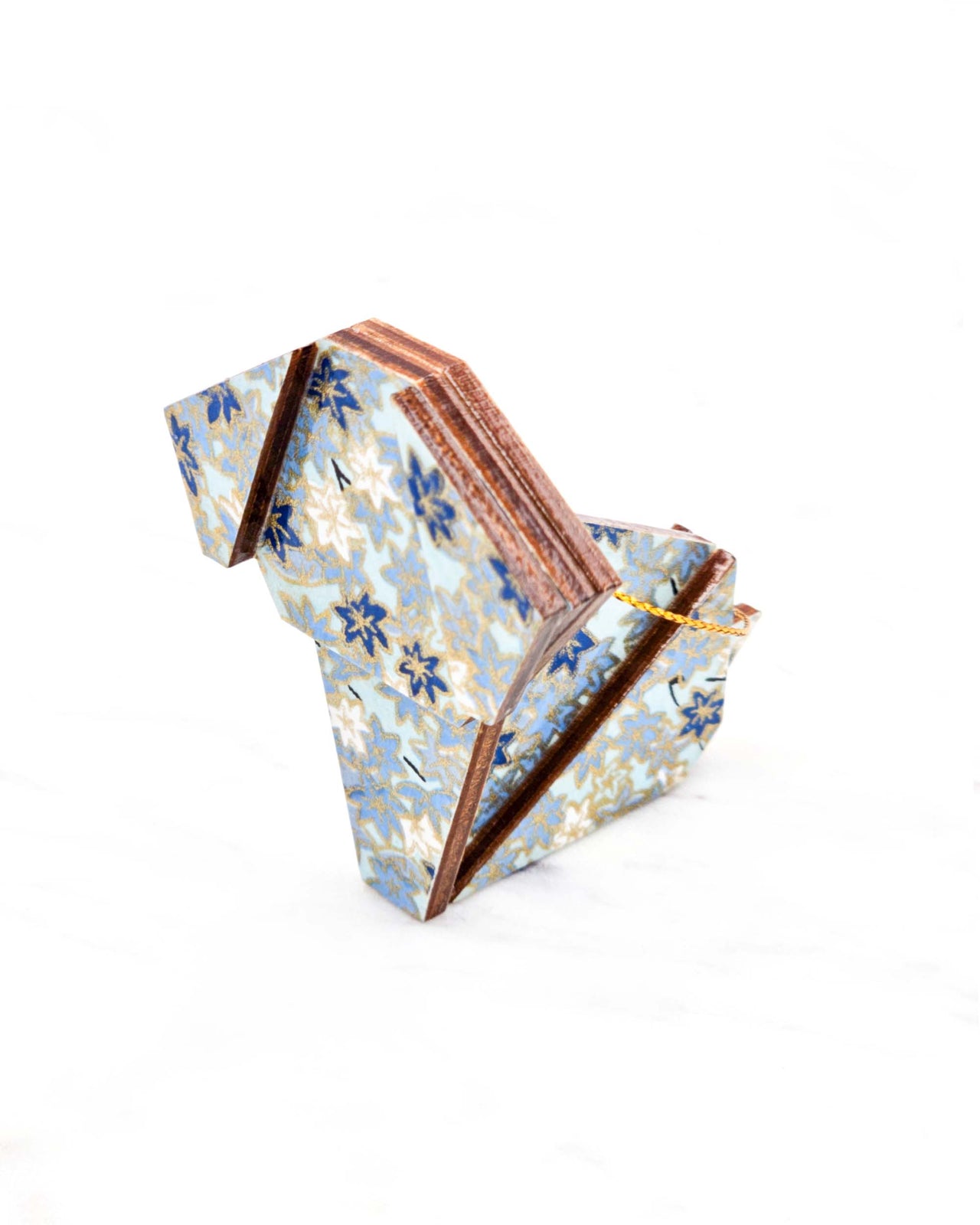 Small wooden origami dog ornament featuring small blue and white momiji (maple leaves) on a light blue background with metallic gold details.