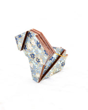 Small wooden origami dog ornament featuring small blue and white momiji (maple leaves) on a light blue background with metallic gold details.