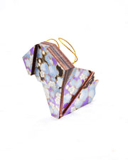 Small wooden origami dog ornament featuring light blue plum blossoms with dark brown branches on a pearlescent light purple background with metallic gold details.