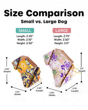A size comparison display of the small and large wooden origami dog ornaments.