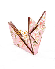 Large wooden origami fox ornament featuring pink and white cherry blossoms with green leaves on a light pink background with metallic gold details.
